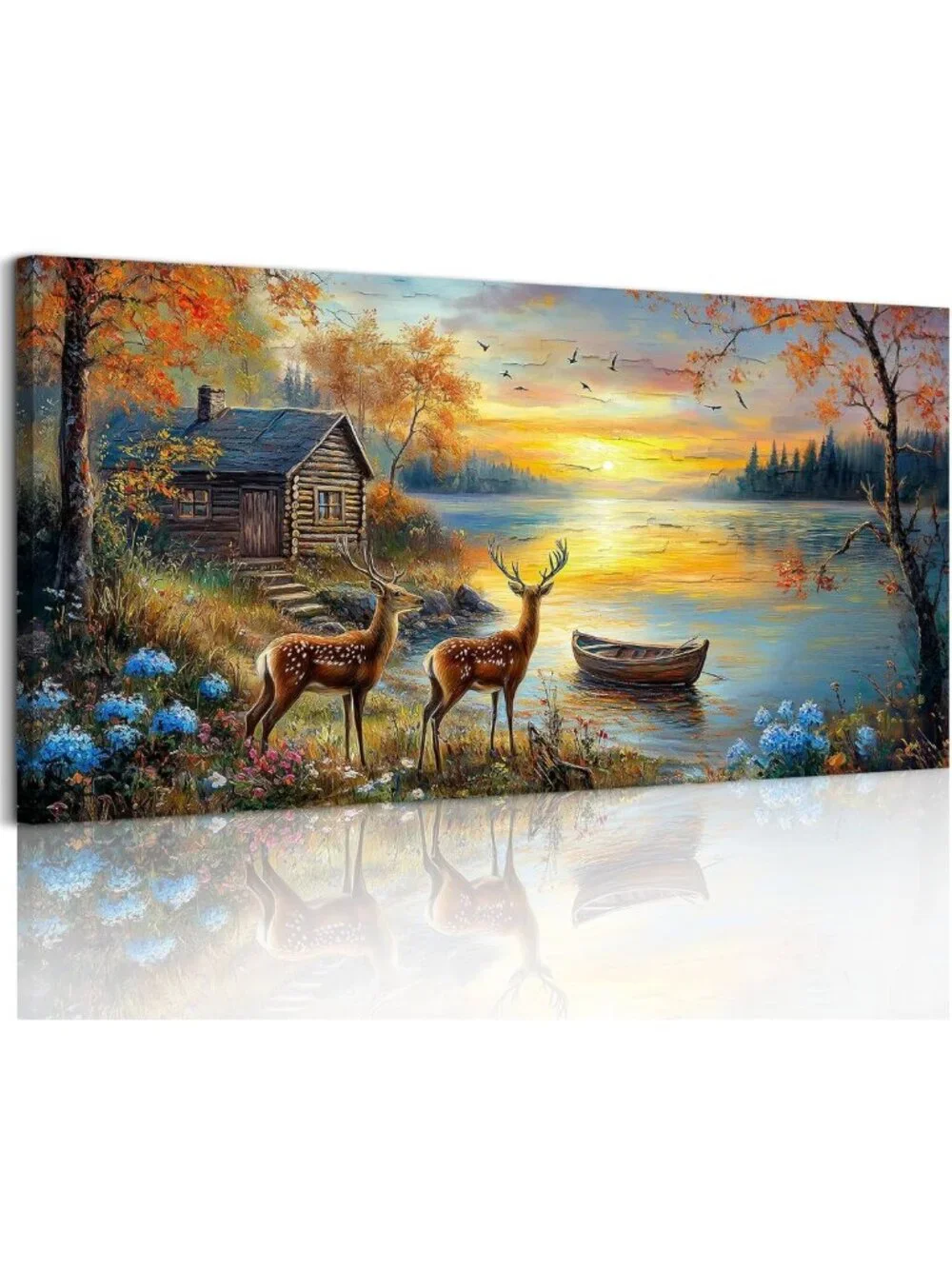 Autumn Lake Deer Wall Art - Nature-Inspired Cottage Decor, 20x40 Inches